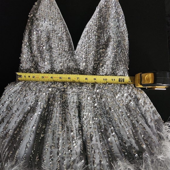 NWT ASOS Size 4 US Sequin Cami Mini Dress with Faux Feather Hem in Ice Blue - Picture 5 of 15